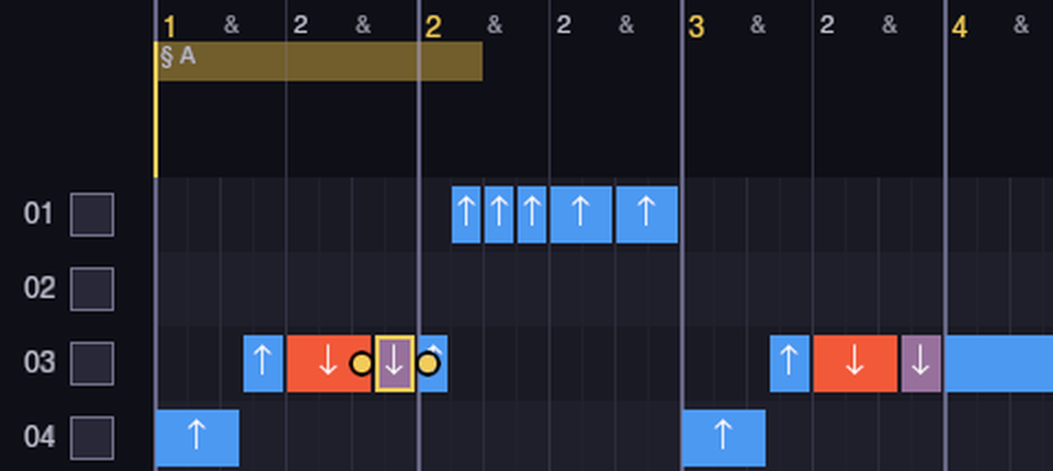 Close-up of the first bars: on hole 3, an orange bent draw note followed by a mauve plain draw note with a gold selection border and two round drag handles