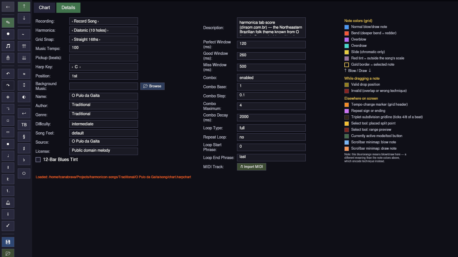 The Details tab: song metadata on the left, scoring and loop settings in the middle, and the full colour legend on the right