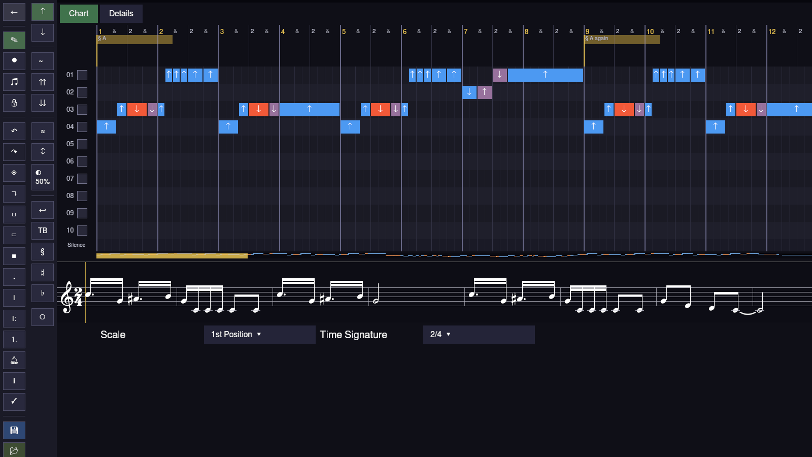 The song editor with O Pulo da Gaita loaded: a tool sidebar on the left, the note grid in the middle with one lane per harmonica hole, and a music staff underneath