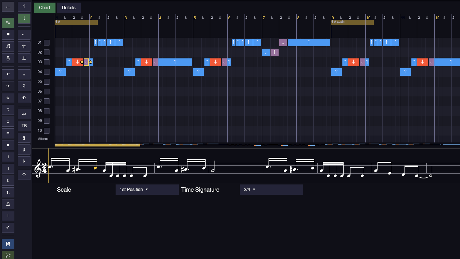 The editor with one note selected: the note on the grid has a gold border, the matching note on the staff below is drawn in gold, and the Draw button in the sidebar is lit