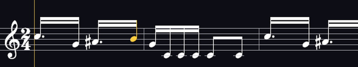Close-up of the staff: the notation for the opening bars, with the selected note drawn in gold