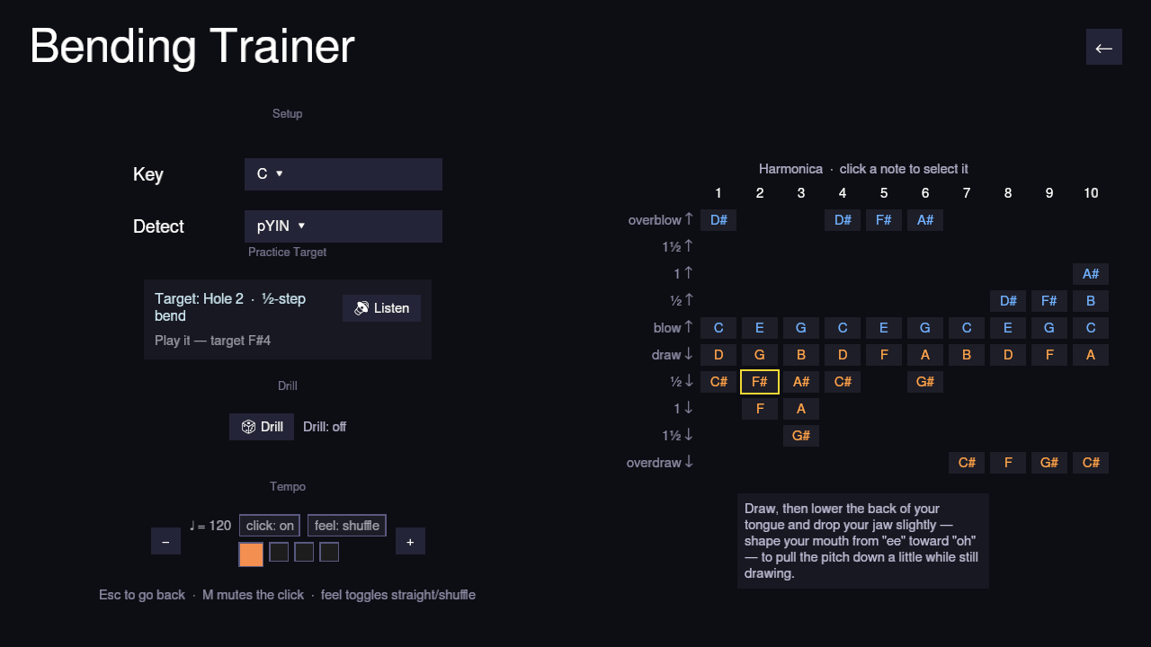 Bending Trainer screen